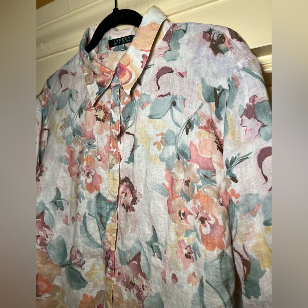 Ralph Lauren Green Label Floral Print Linen Button Down Shirt Tunic large XL - Picture 7 of 8